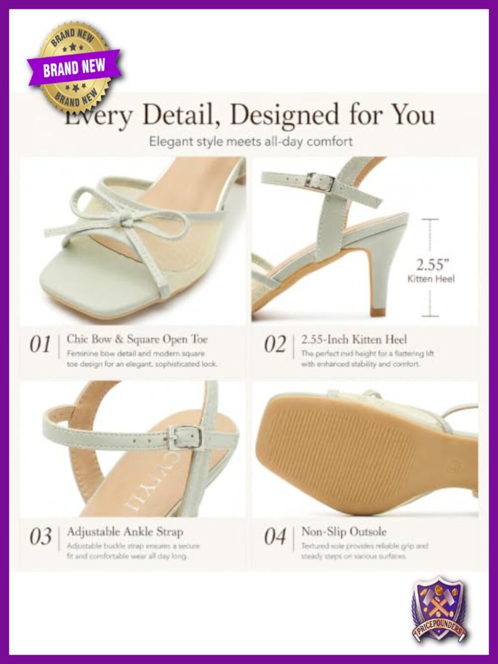 Square Toe Mesh Bow Kitten Heel Sandals with Ankle Strap - Picture 5 of 6